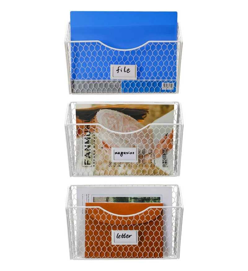 PAG 3 Pockets Hanging File Holder Wall Mount Mail Organizer Metal Chicken Wire Magazine Rack with Tag Slot, White - Image 1